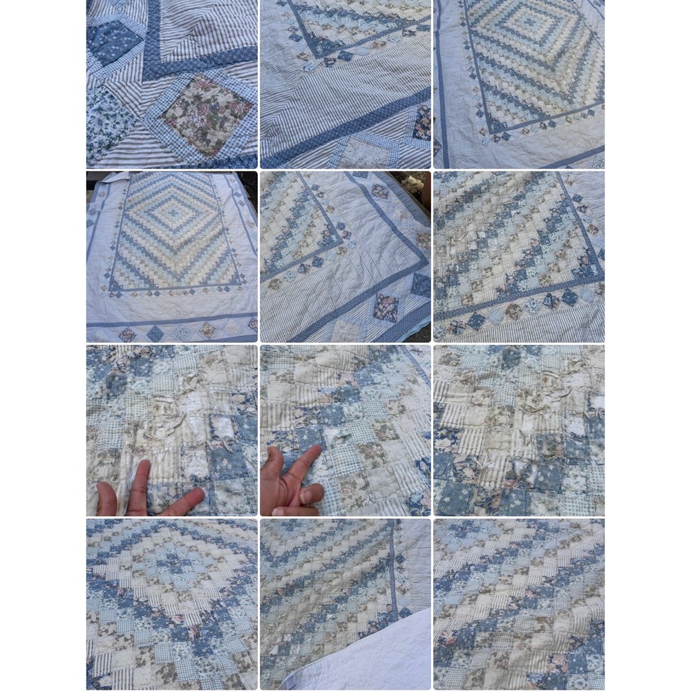 VTG JC PENNY Patchwork Quilt Blue Floral Gingham Cotton Cottagecore Rustic